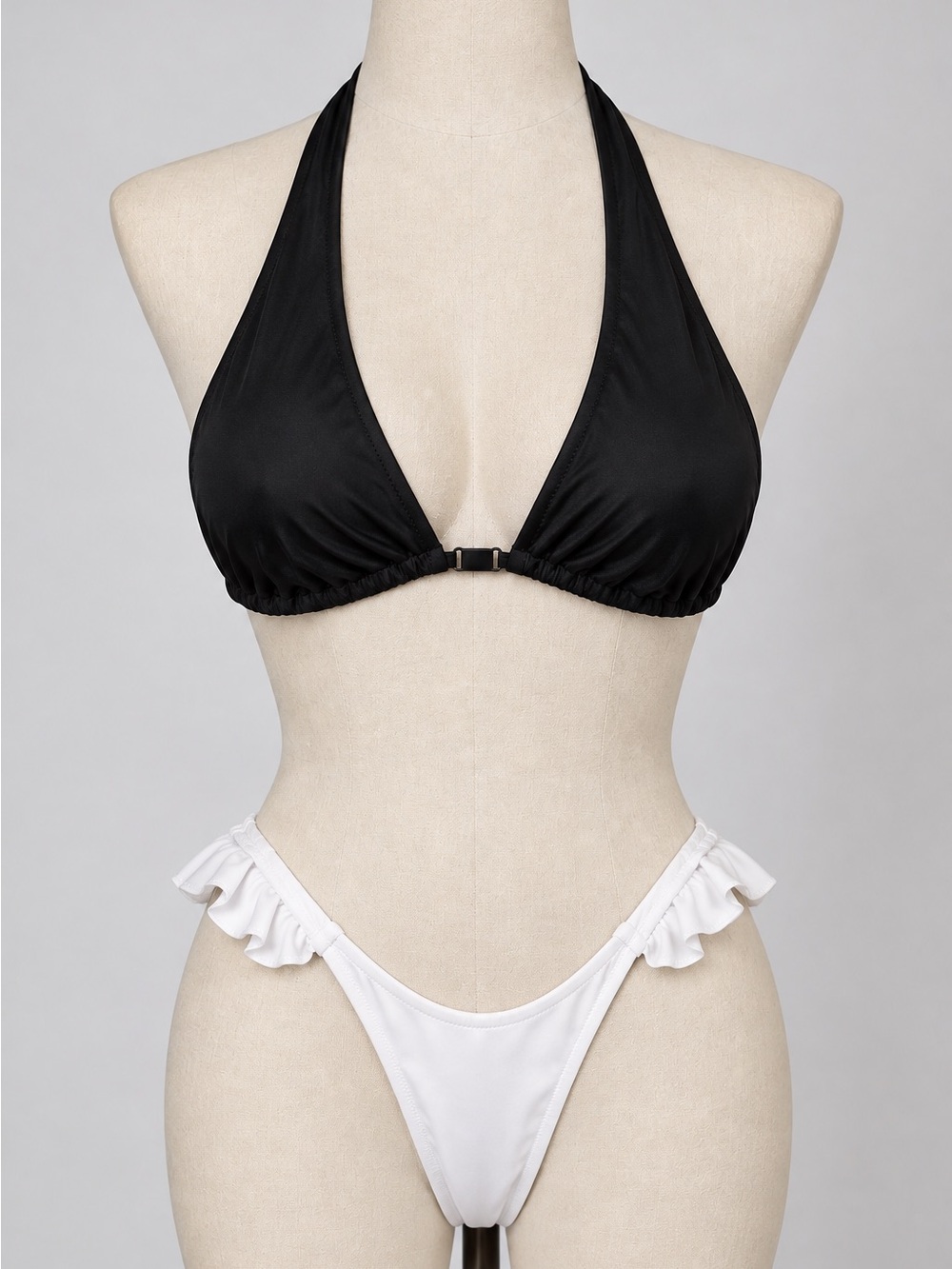 Victoria's Secret Black Halter Bikini Top with White Ruffle Bottom